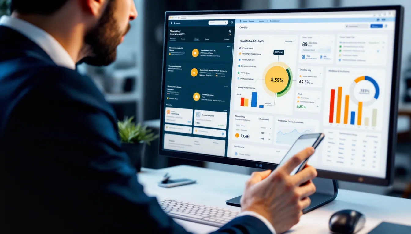 Advisor reviewing a financial advisor CRM dashboard and household relationship map.