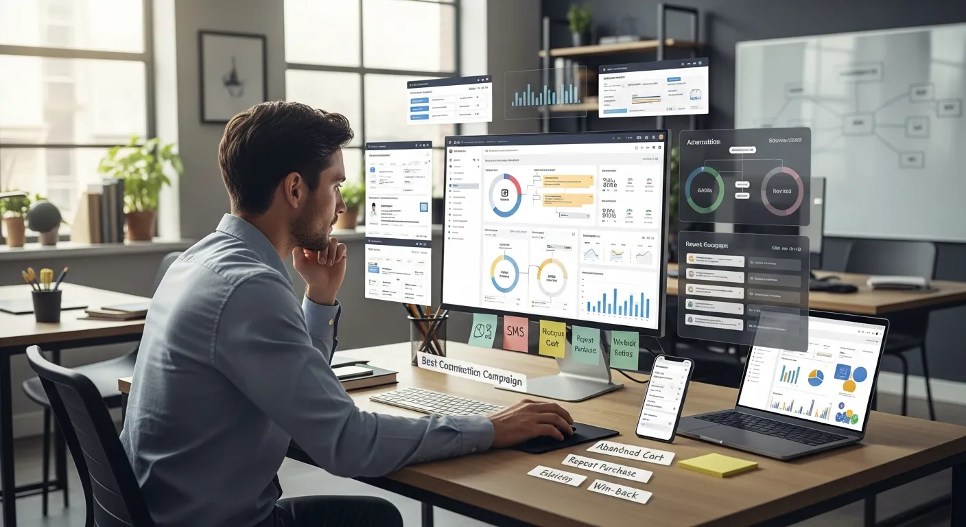 marketing manager reviewing ecommerce automation dashboards and customer retention flows