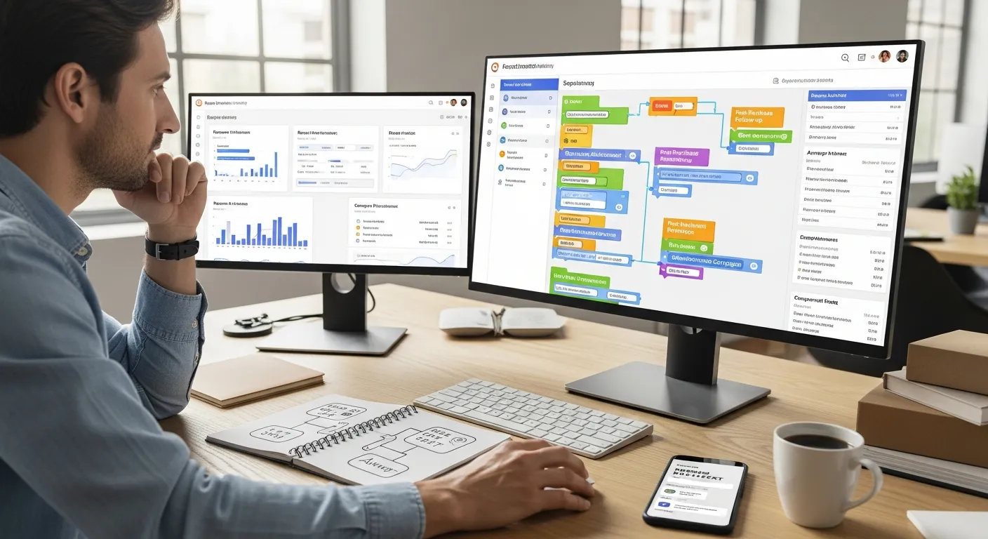 marketer reviewing ecommerce automation workflows and analytics on dual monitors