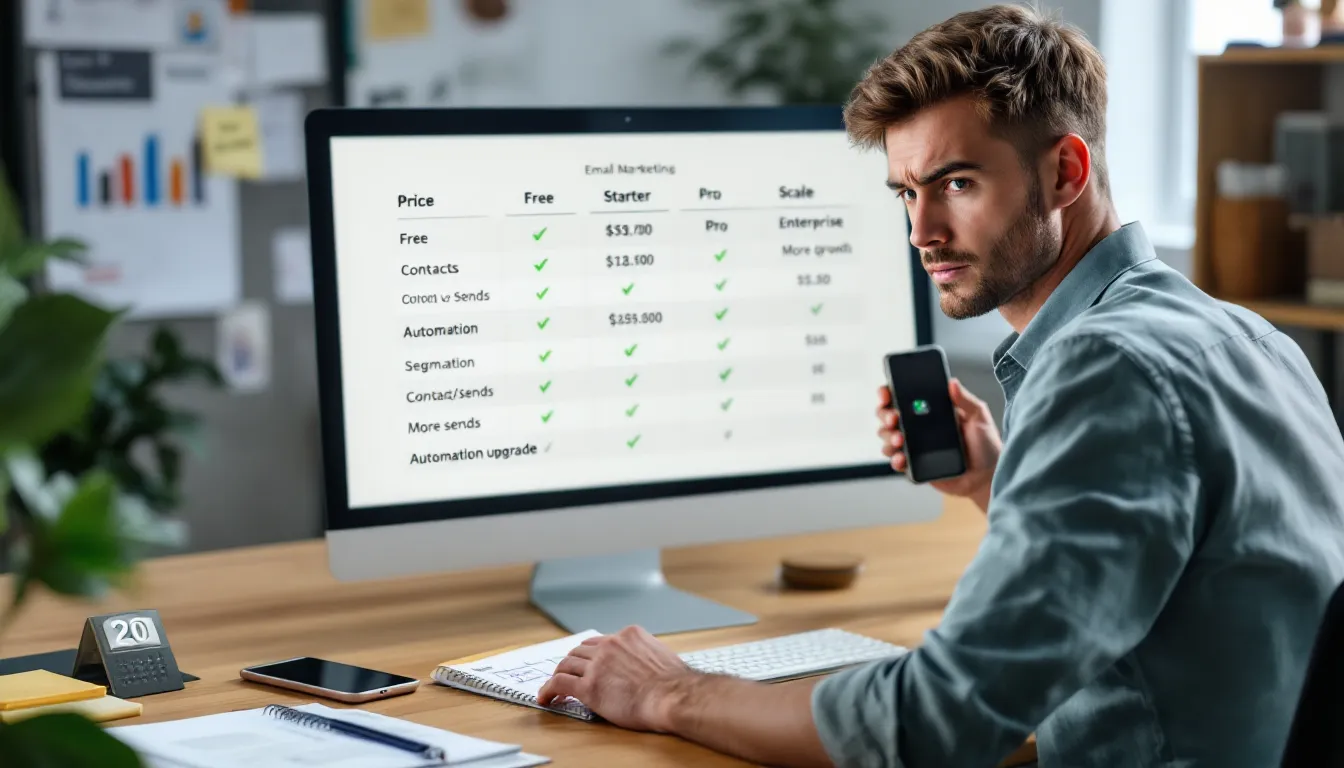 Marketer comparing email marketing software pricing tiers on a laptop with notes.
