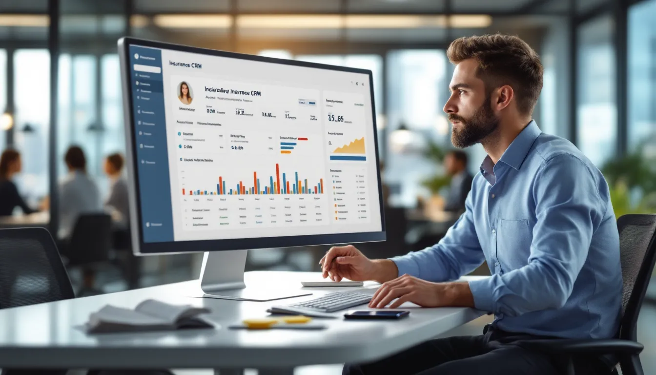 Insurance agent reviews CRM dashboard with renewals, pipeline, and follow-up tasks.