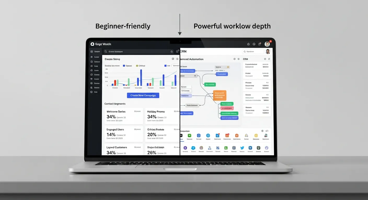 Laptop showing a comparison of two email marketing platforms on a desk.