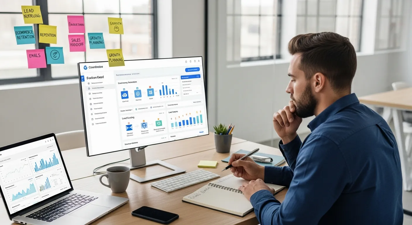 marketer comparing marketing automation software at a desk in a modern office