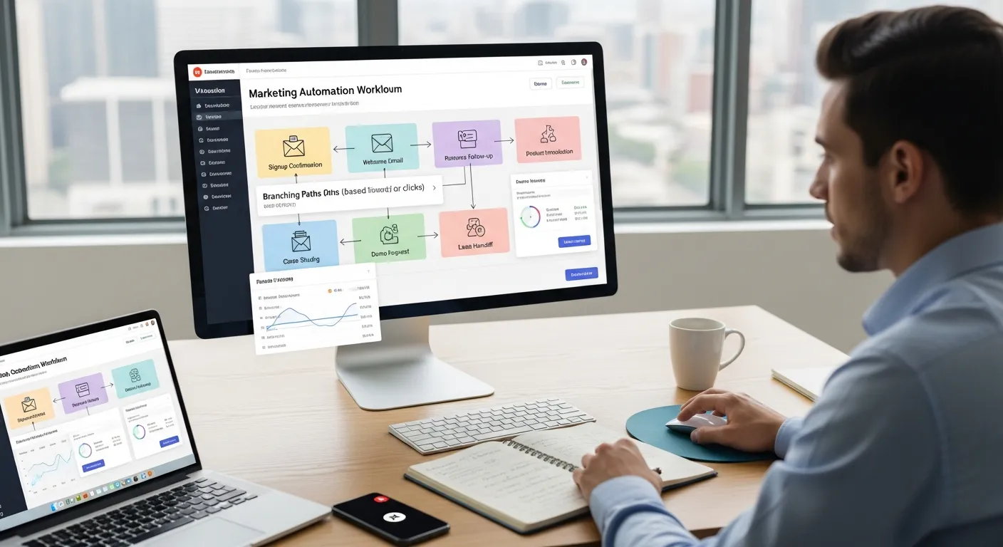 marketer reviewing lead capture and nurture workflow on office computer screen