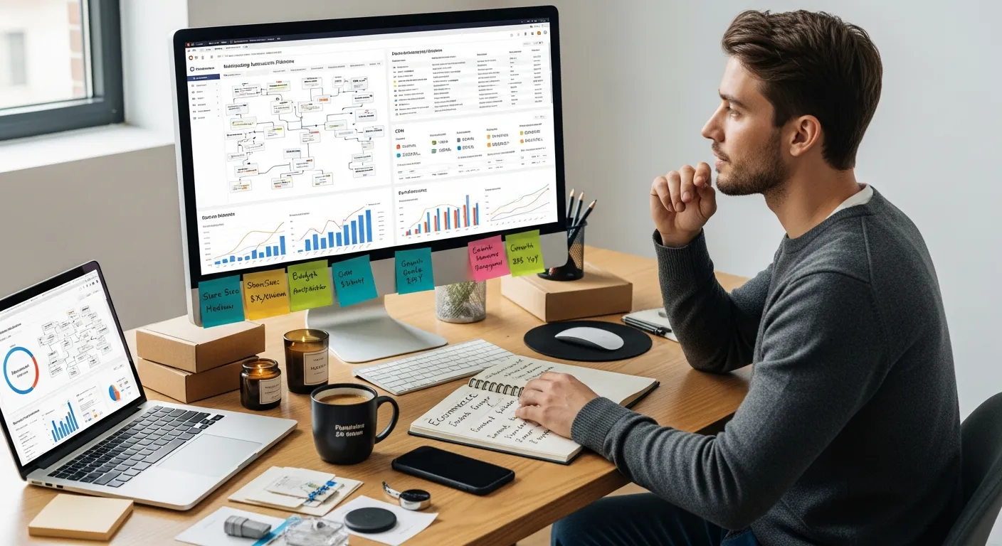 A small ecommerce business owner comparing marketing automation tools at a desk.