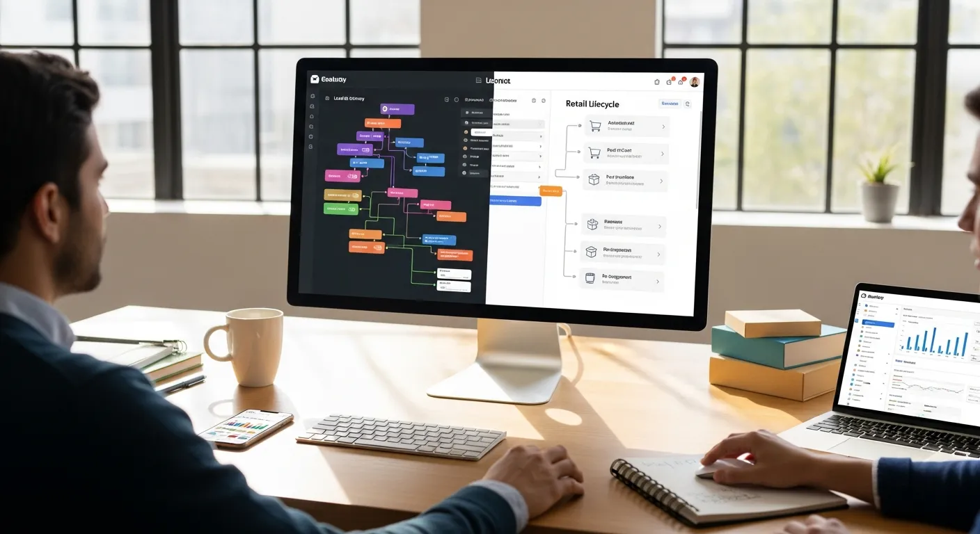 marketer comparing complex and ecommerce email automation workflows on a desktop monitor