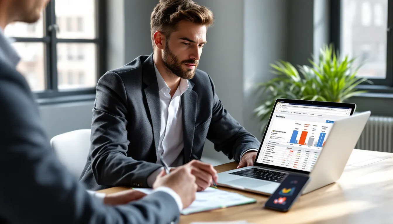 Professional comparing ActiveCampaign vs HubSpot pricing on a laptop in an office.