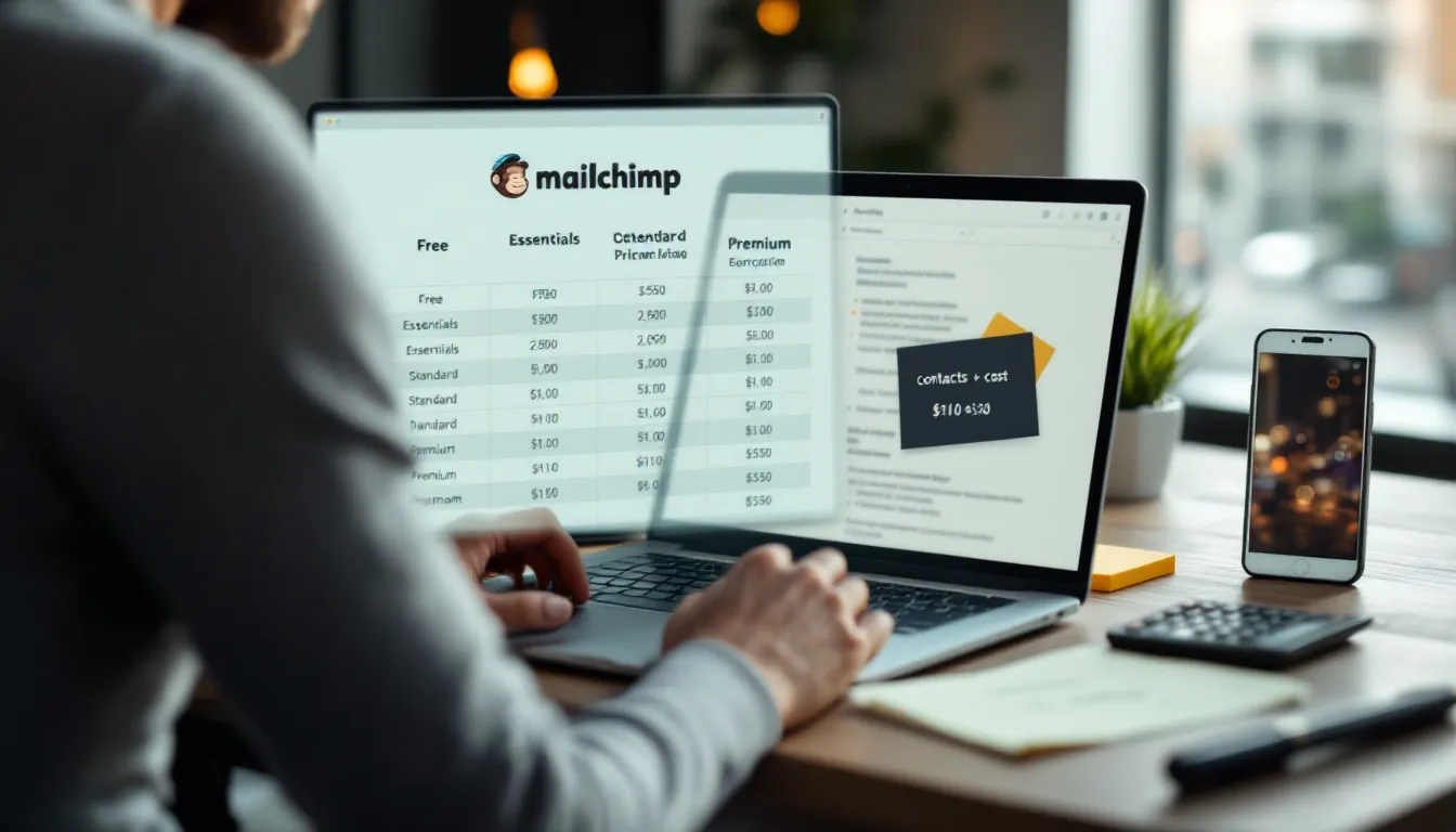 Marketer compares Mailchimp pricing tiers and contact-based costs on a laptop.