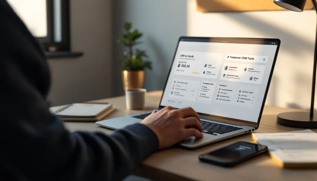 Freelancer reviewing a CRM pipeline on a laptop in a home office.