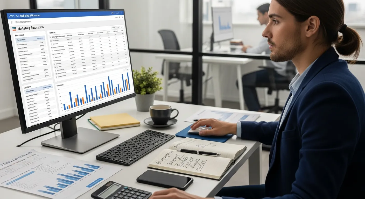 marketing manager comparing software pricing and features on an office computer