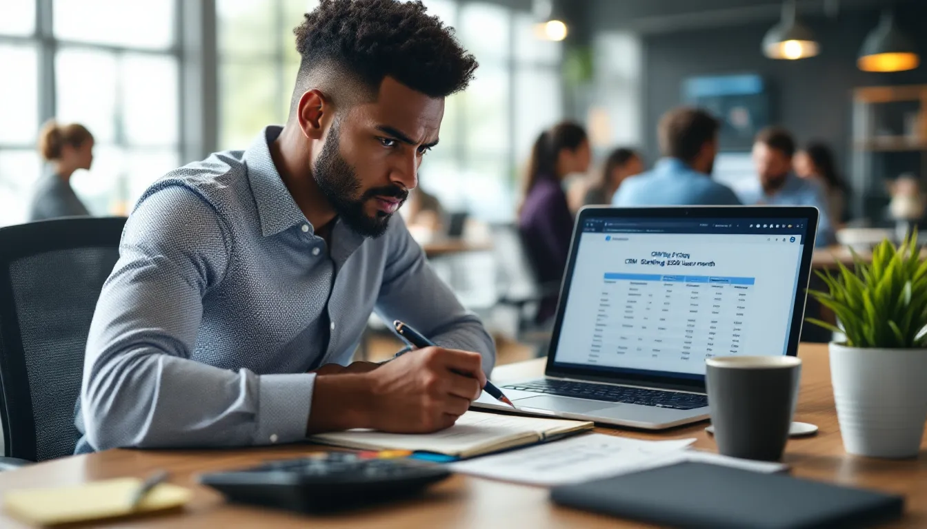 Office worker comparing CRM pricing tiers and hidden costs on a laptop.