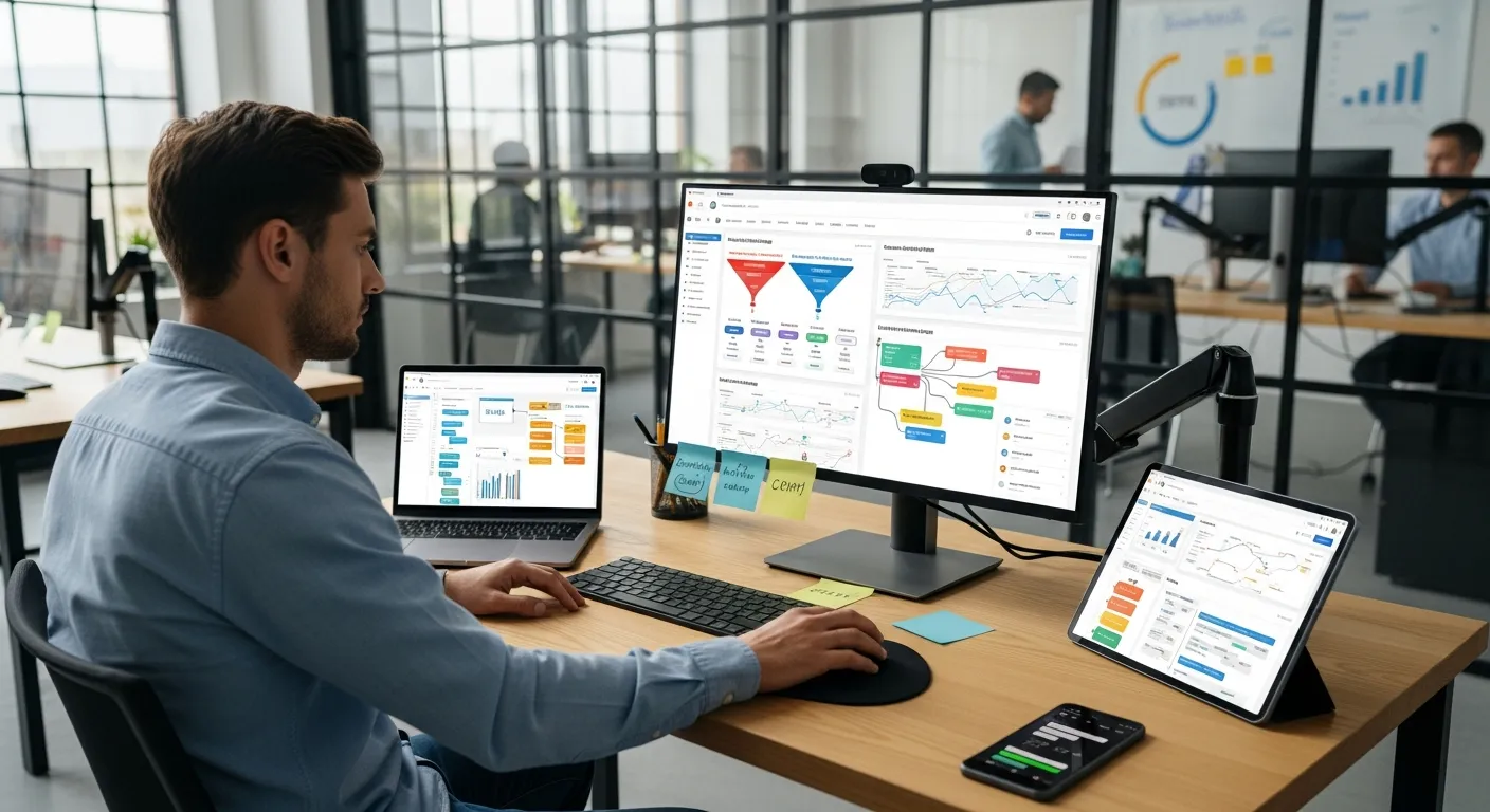SaaS professional comparing automation dashboards in a modern office.