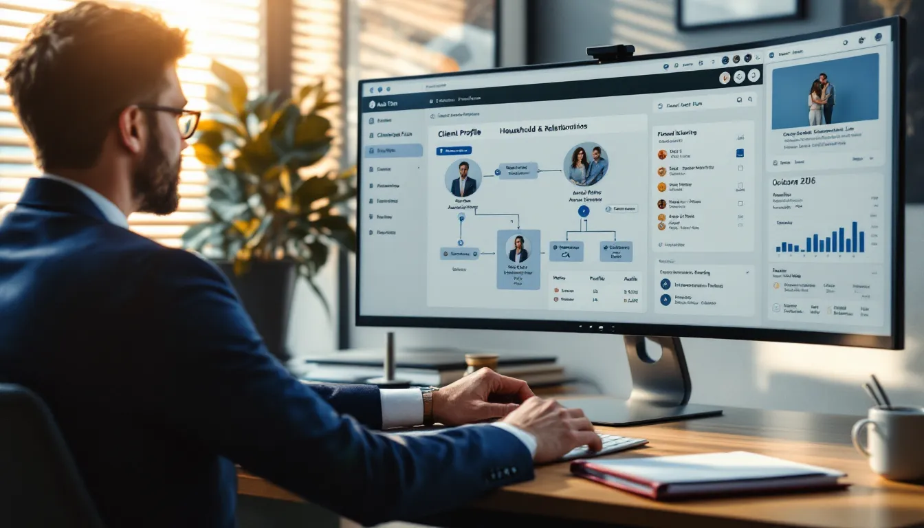 Financial advisor viewing a CRM dashboard with client profiles and compliance logs.