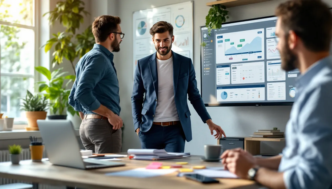 Sales team reviewing a CRM pipeline board beside complex competitor analytics dashboard.