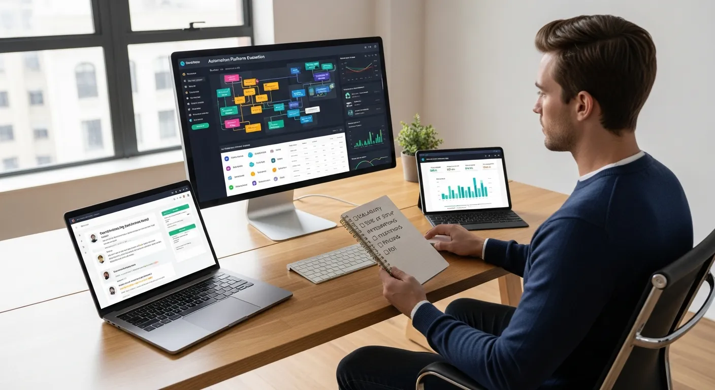 Startup founder comparing SaaS automation tools on a workflow dashboard.