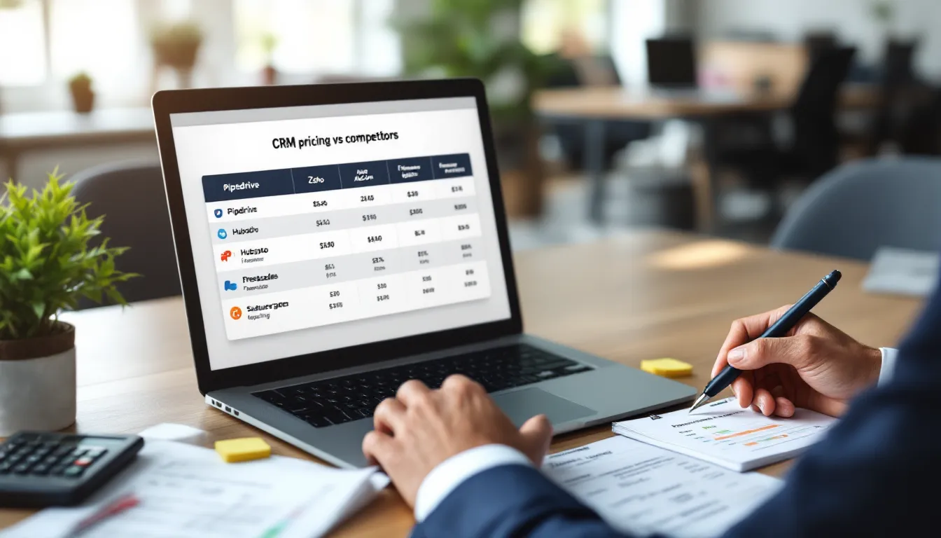 Professional comparing CRM pricing on laptop, noting seats, add-ons, and features.