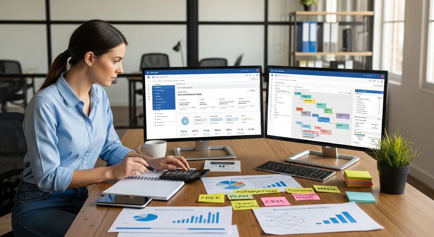 marketer comparing simple email pricing and advanced automation tools at a desk