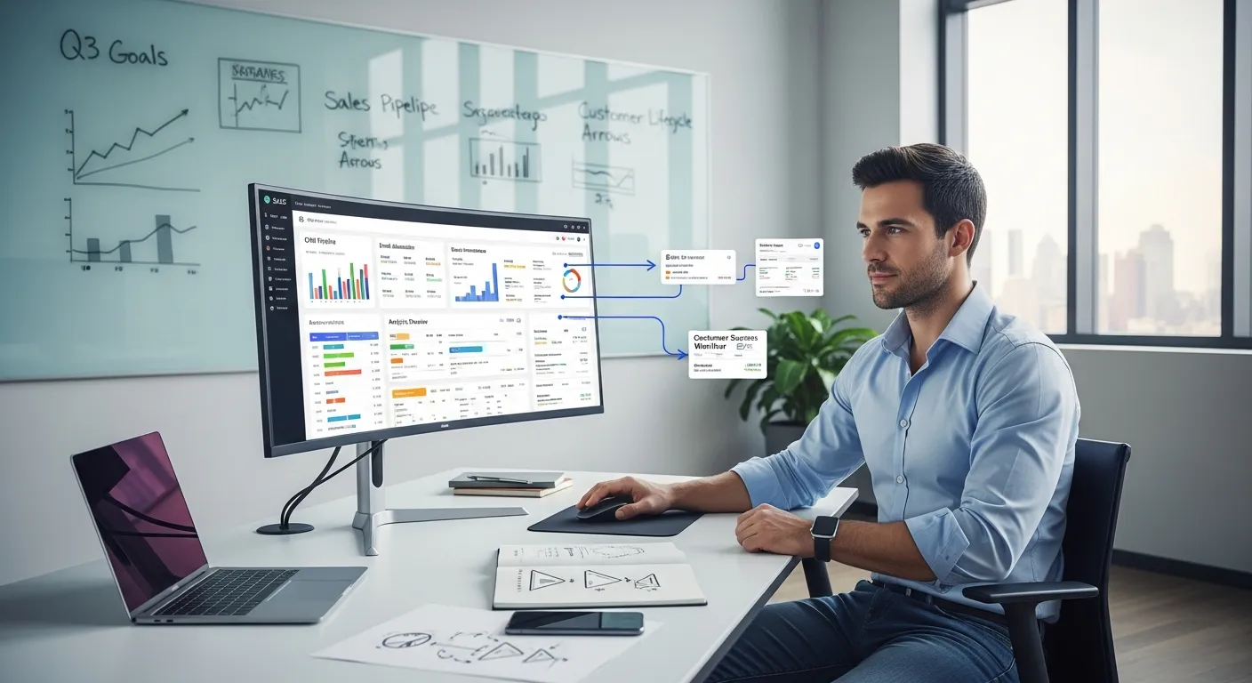 SaaS founder monitoring automated workflows on a dashboard in a modern office.