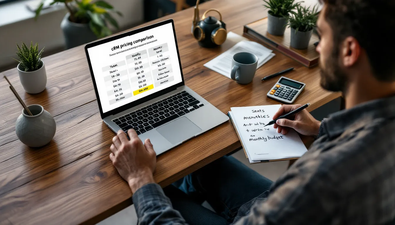 Small business owner reviewing a CRM pricing comparison spreadsheet on a laptop.