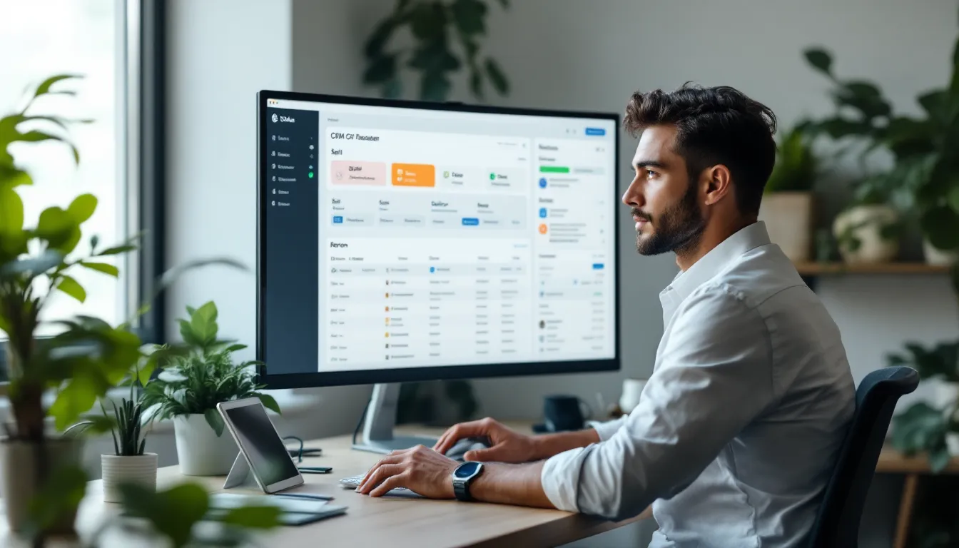 Consultant reviewing CRM pipeline and workload dashboard on a desktop computer.