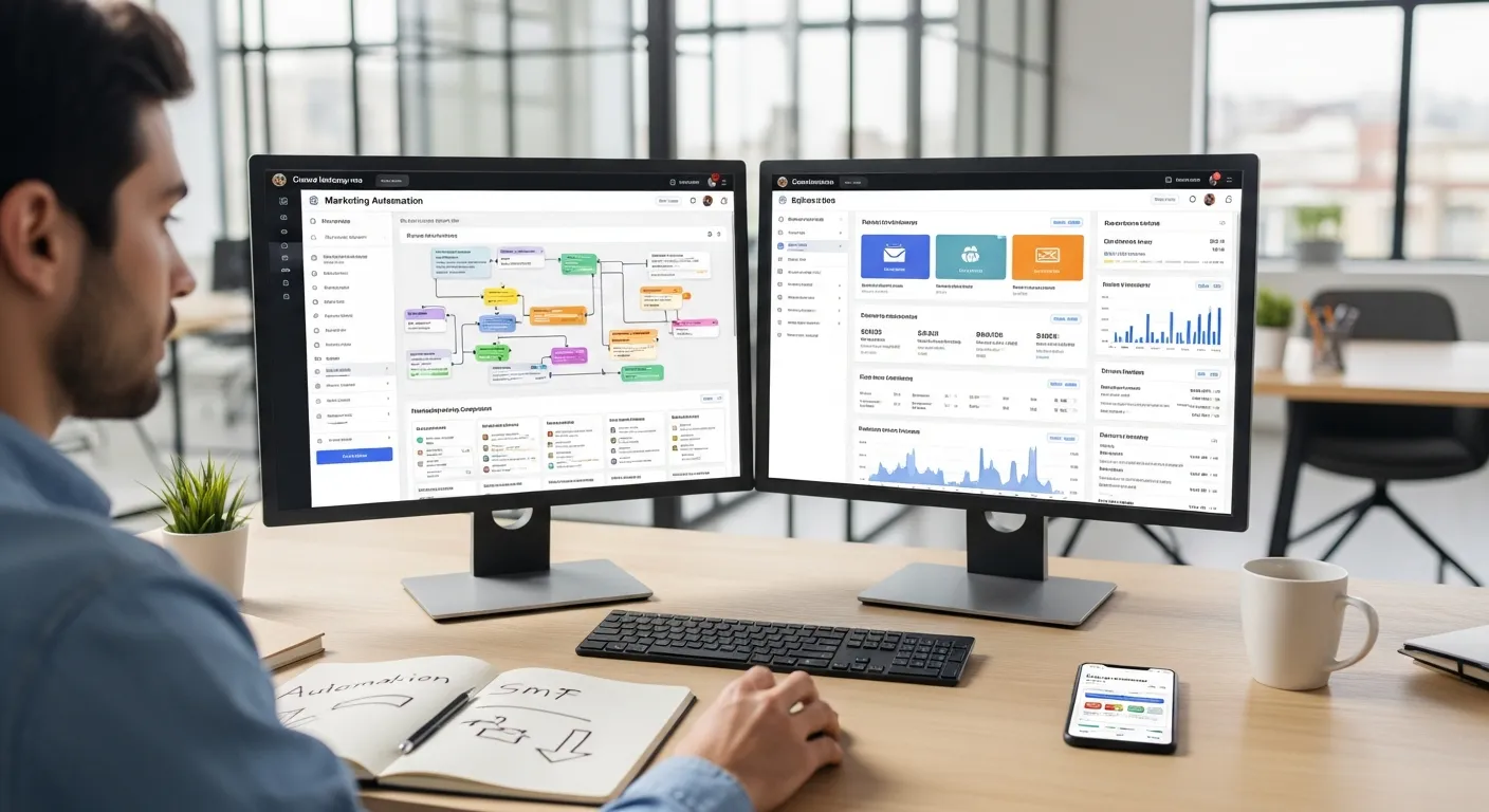 Marketer comparing marketing automation and ecommerce email dashboards on a desktop screen.