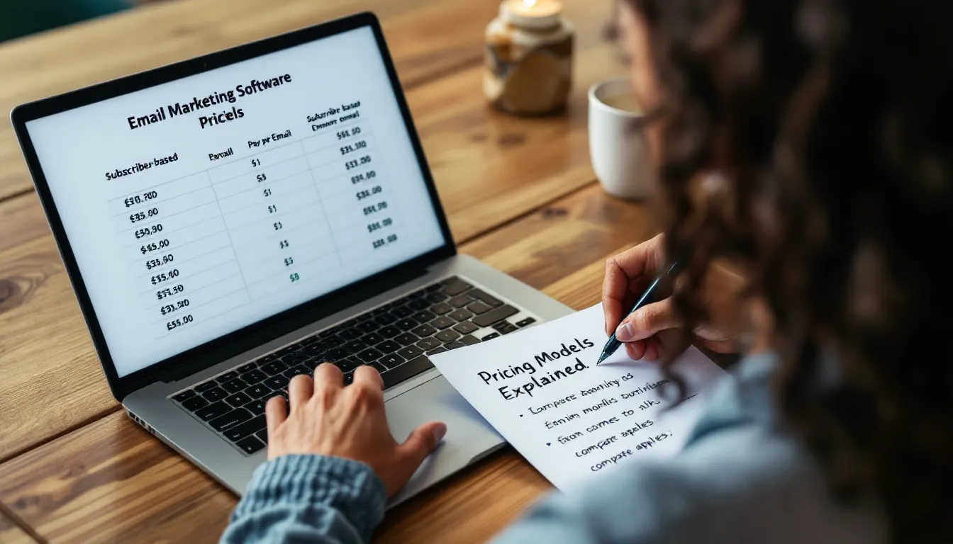 Person comparing email marketing software pricing models on laptop and spreadsheet.