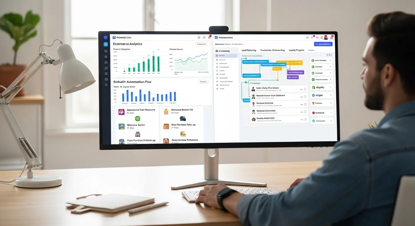 marketer comparing ecommerce reporting and automation dashboards on a computer screen