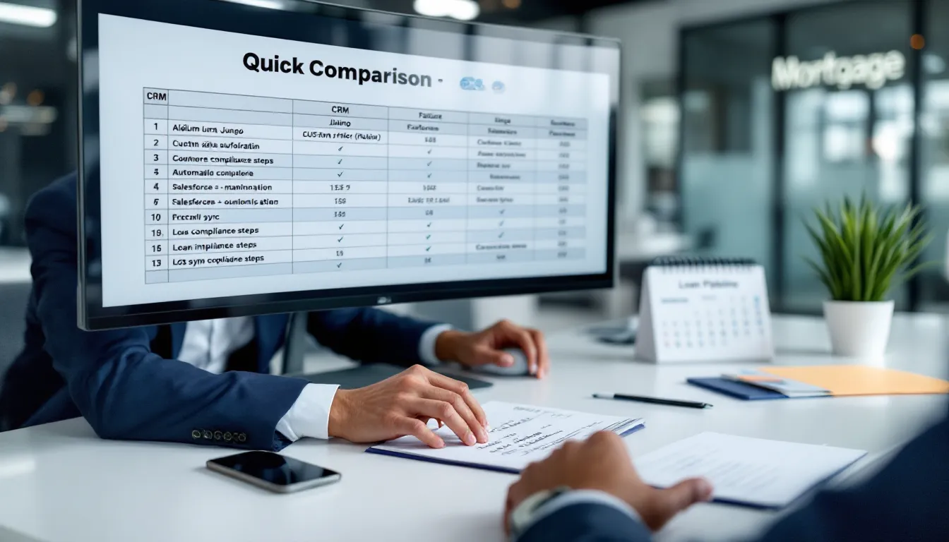 Mortgage professional comparing CRM tools on a monitor in a U.S. office.