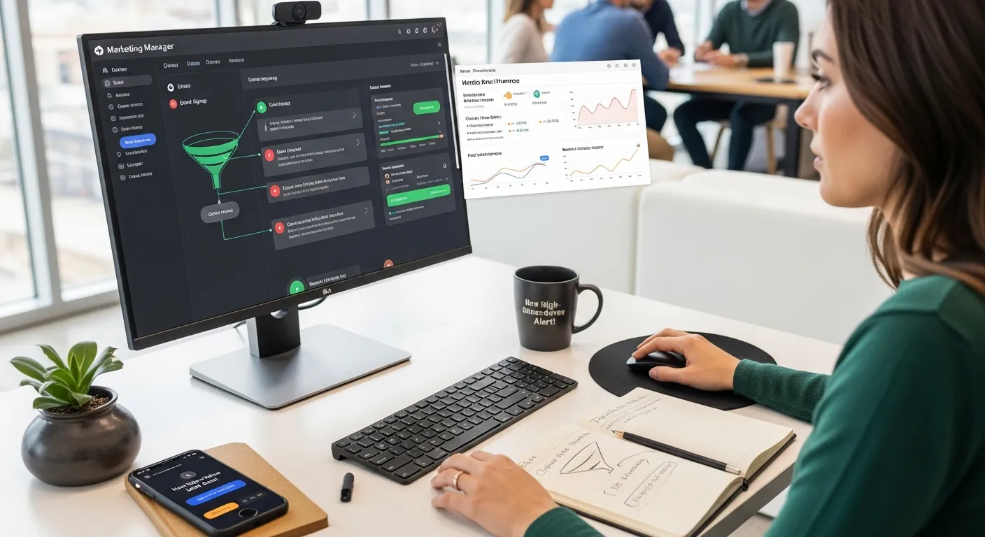 marketer reviewing an automation workflow dashboard in a modern office.