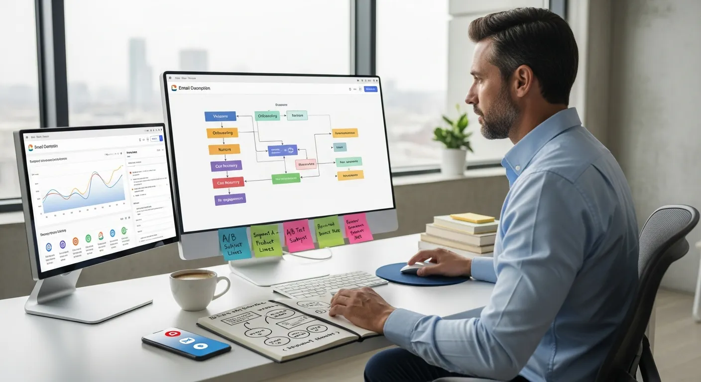 marketer mapping automated email journeys on a computer in a modern office