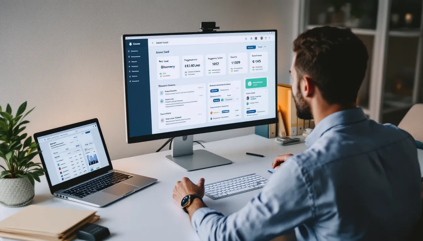 Accountant viewing accounting CRM dashboard with pipeline, onboarding tasks, and client messages.