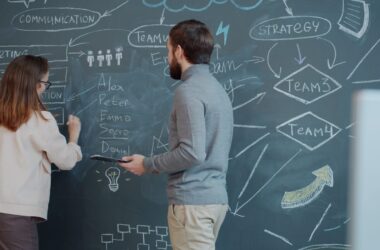 Two people planning on a chalkboard with diagrams.