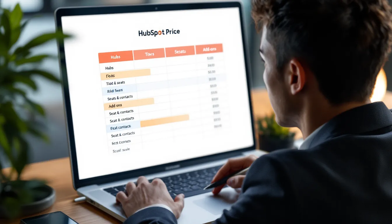 Person budgeting HubSpot pricing on a laptop with seats, hubs, and add-ons.