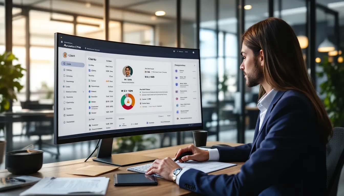 Accountant viewing an accounting CRM dashboard with client onboarding checklist and timeline.