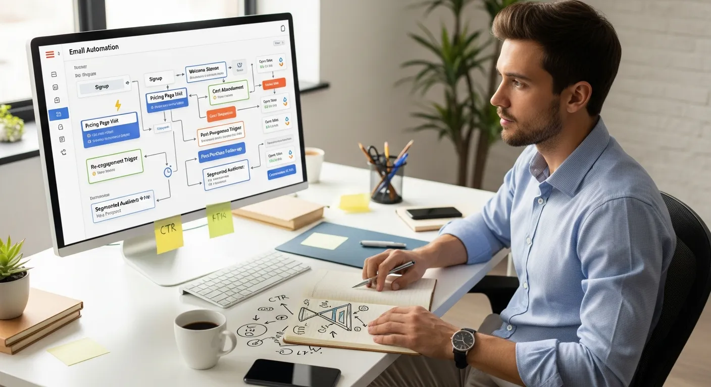 marketer reviewing an email automation workflow on a desktop monitor.