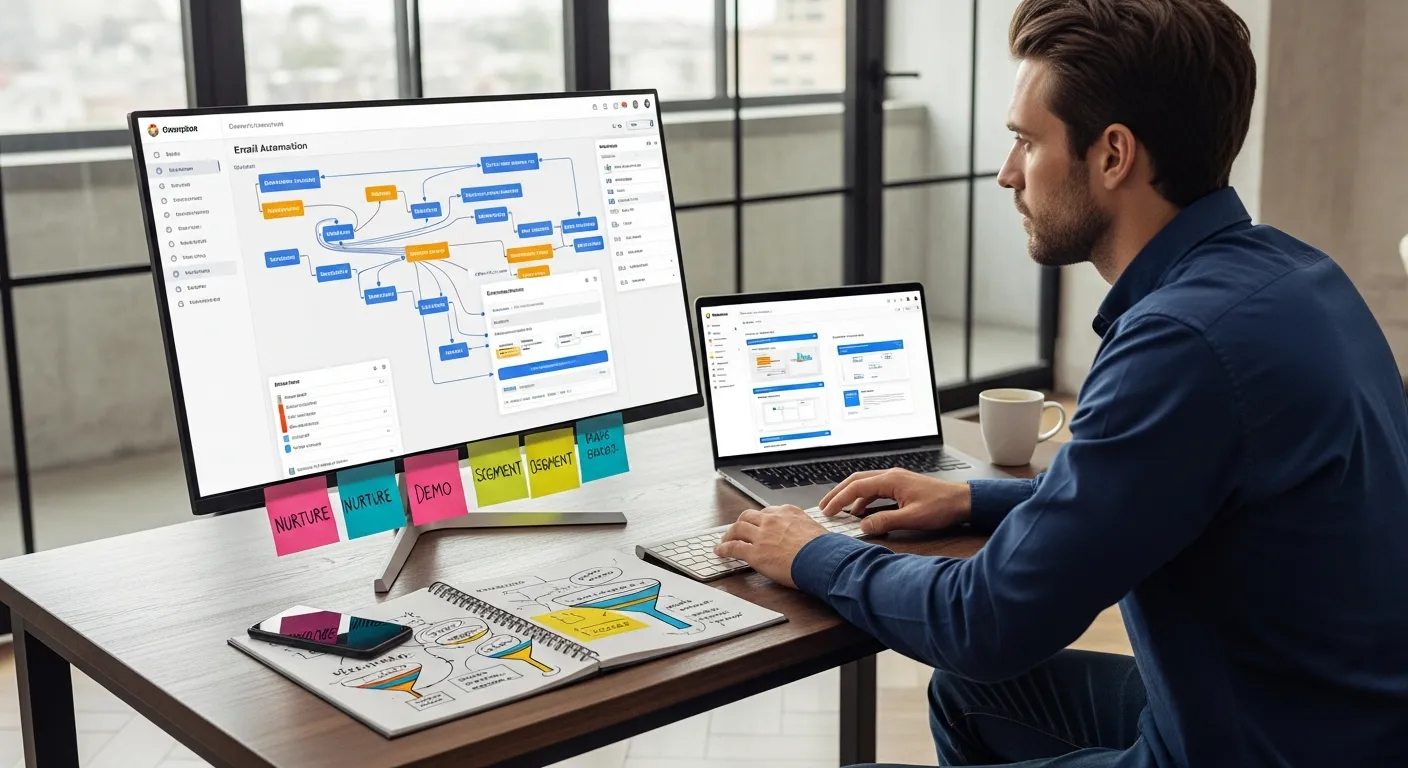 marketer comparing simple email campaigns with advanced automation workflows on screens