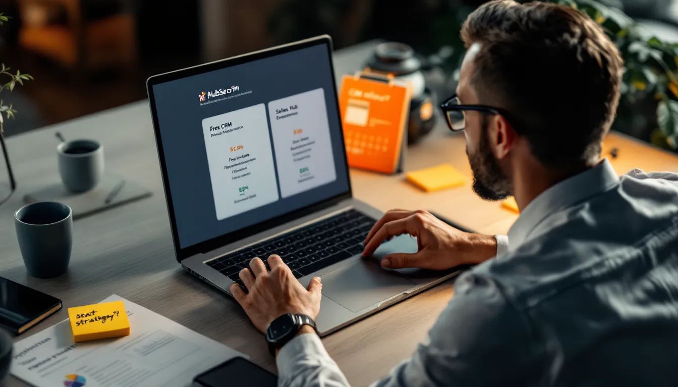 Professional comparing HubSpot pricing plans on a laptop in a modern office.