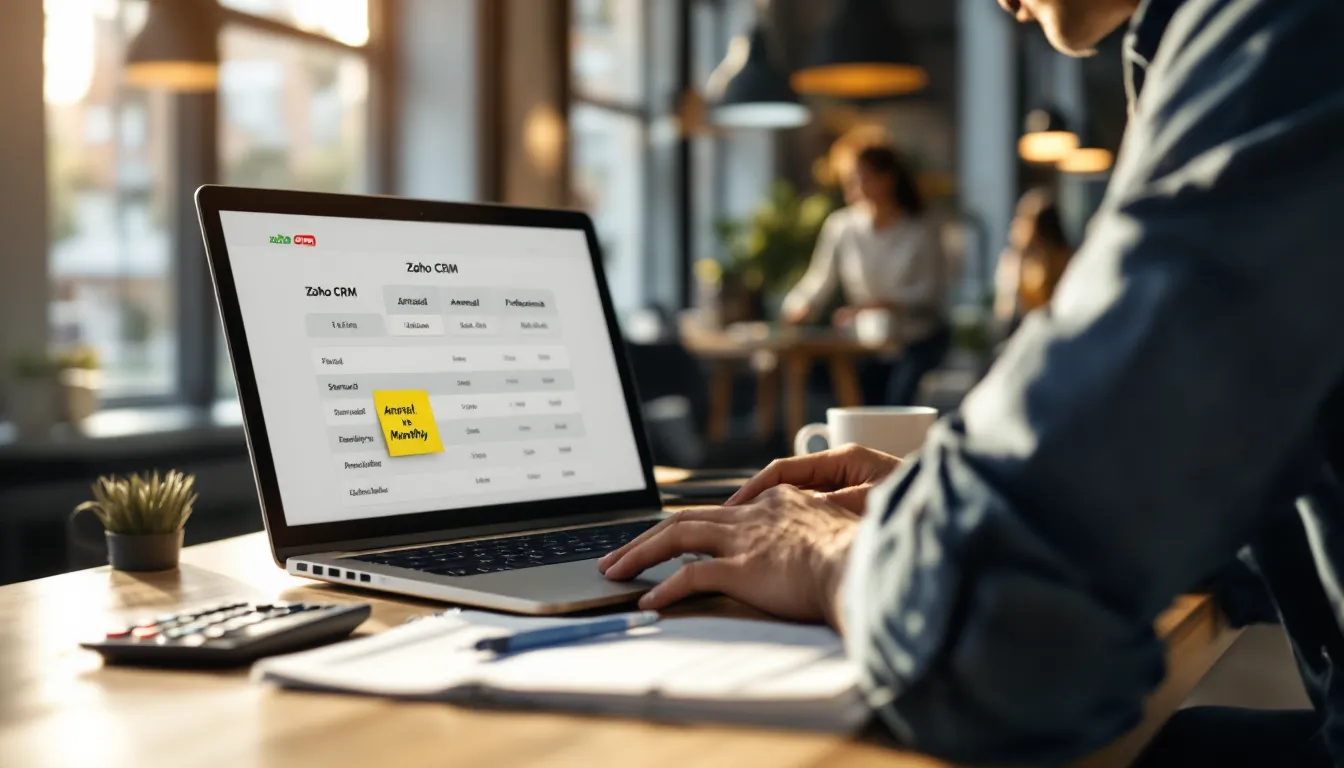 Professional reviewing Zoho CRM pricing plans on a laptop in a U.S. office.